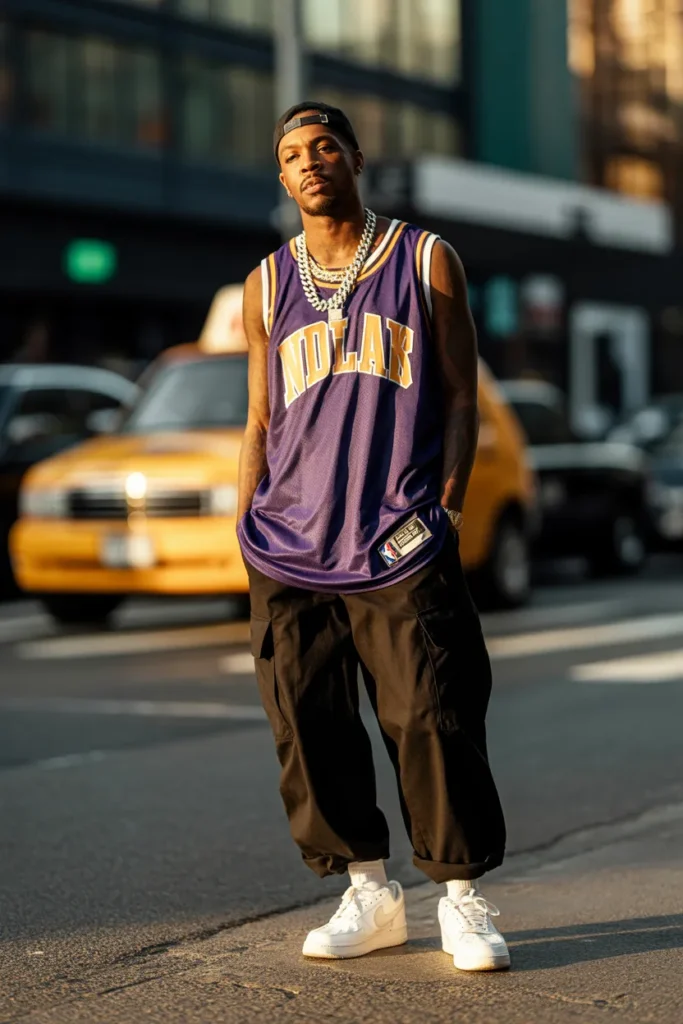 Y2K streetwear outfit for men with vintage NBA jersey, baggy cargos, and chunky white sneakers.