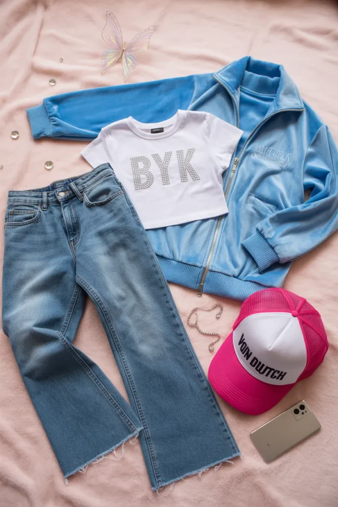 Y2K thrift store haul flat lay with low-rise jeans, baby tee, velour jacket, and butterfly clip on pink background