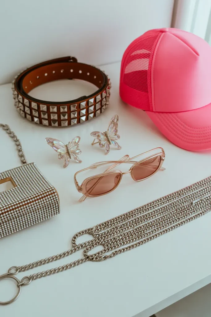 Y2K thrifted accessories flat lay with belt, trucker hat, butterfly clips and tinted sunglasses