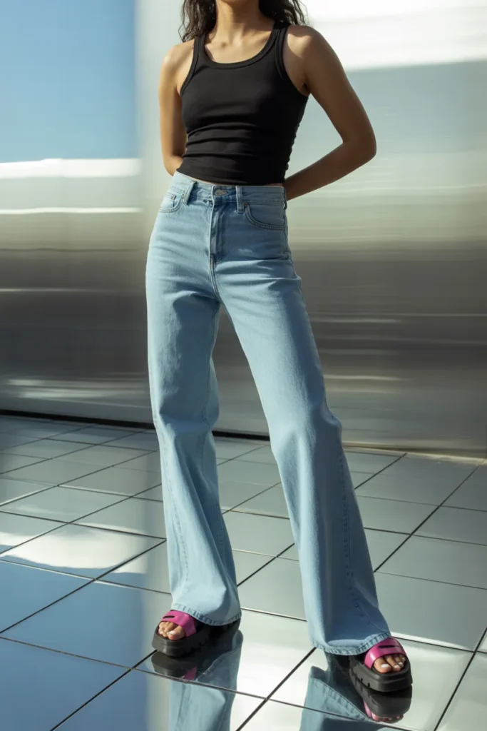 Y2K wide-leg flare jeans outfit with platform sandals and fitted black tank in a chrome-tiled studio.