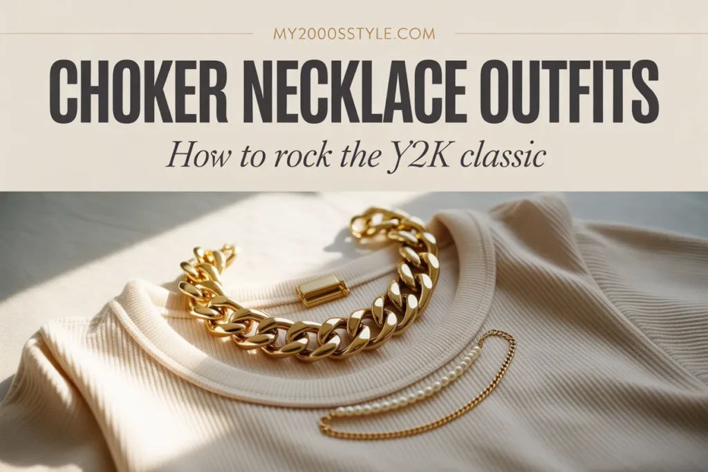 Y2K choker necklace outfits guide featuring gold chain, pearl choker, and white baby tee flat lay.