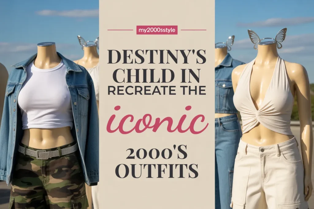 Destiny's Child fashion Pinterest pin showing coordinated Y2K outfits with camo cargos, denim, and white halter set.