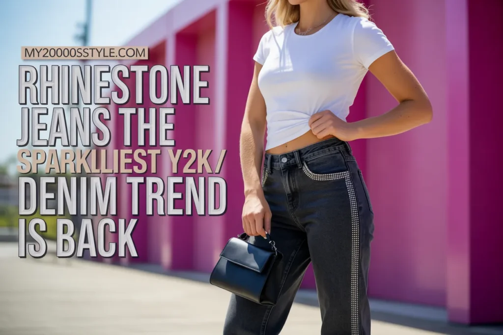 Rhinestone jeans Y2K outfit Pinterest pin with white baby tee on hot pink background