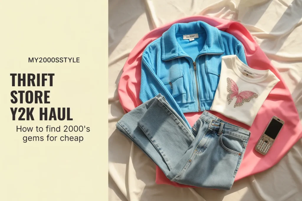 Thrift store Y2K haul flat lay with velour jacket, rhinestone baby tee, low-rise jeans and butterfly clip on cream