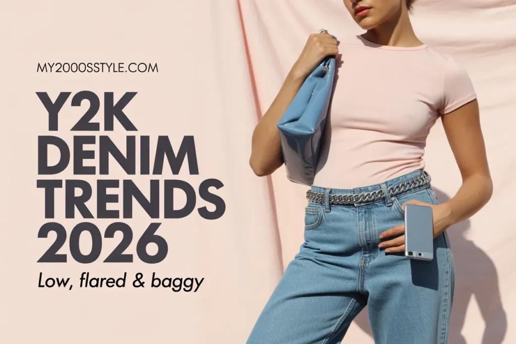 Y2K denim trends pin showing low rise bootcut jeans, baby pink baby tee, and baby blue baguette bag