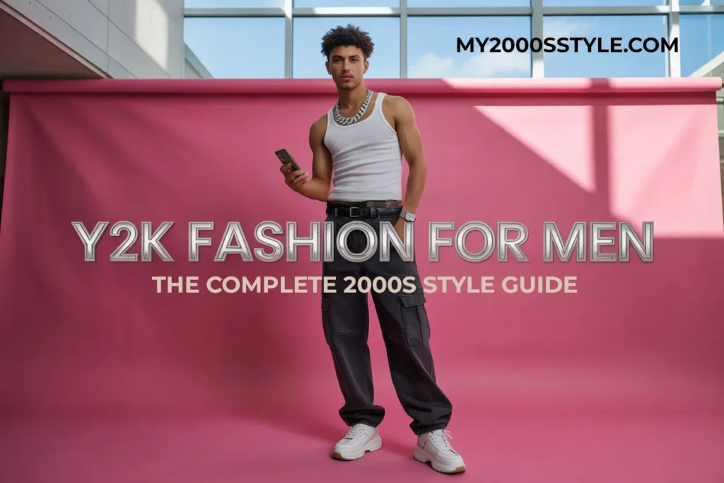 Y2K fashion for men featured outfit with baggy black cargos, white tank, silver chain, and chunky sneakers.